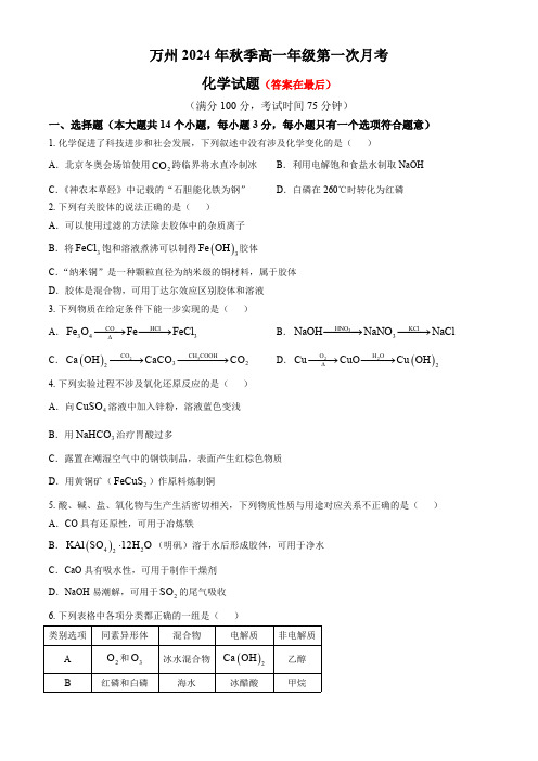 重庆市万州2024-2025学年高一上学期第一次月考化学试题含答案