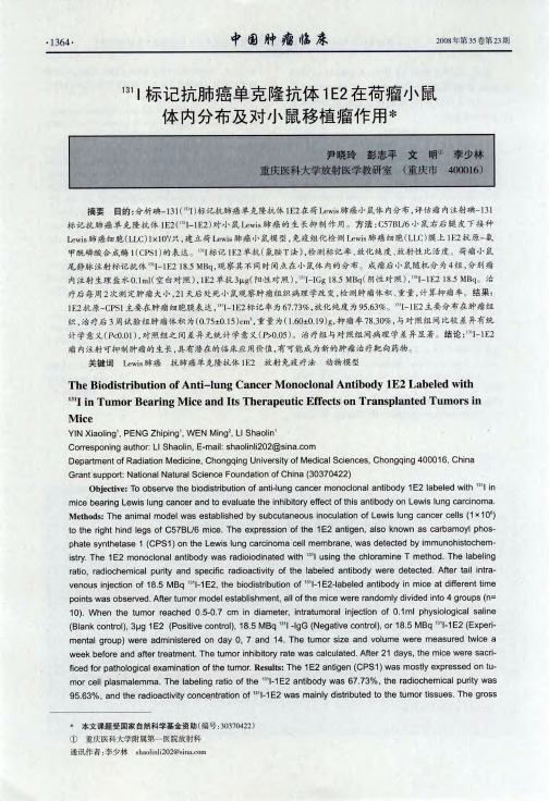 131 Ⅰ标记抗肺癌单克隆抗体1E2在荷瘤小鼠体内分布及对小鼠移植瘤作用