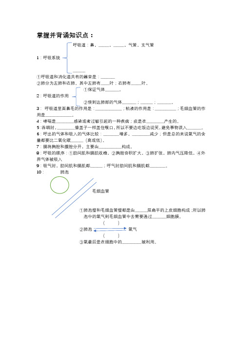 初中生物人教版七年级下册第三章《人体的呼吸》知识点和习题