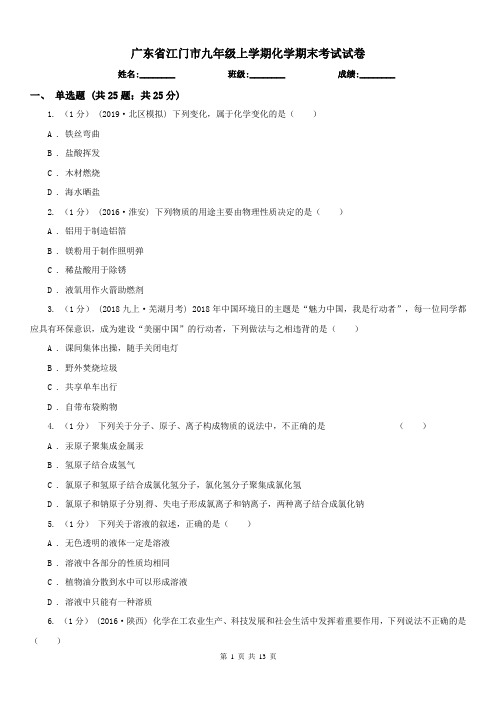 广东省江门市九年级上学期化学期末考试试卷