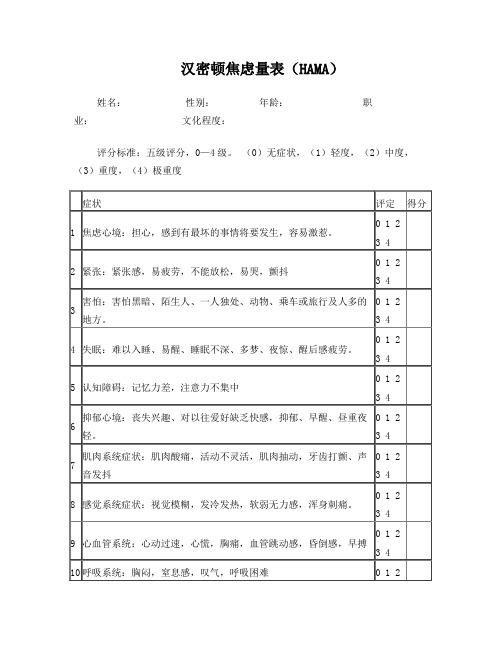 汉密顿焦虑量表(HAMA)