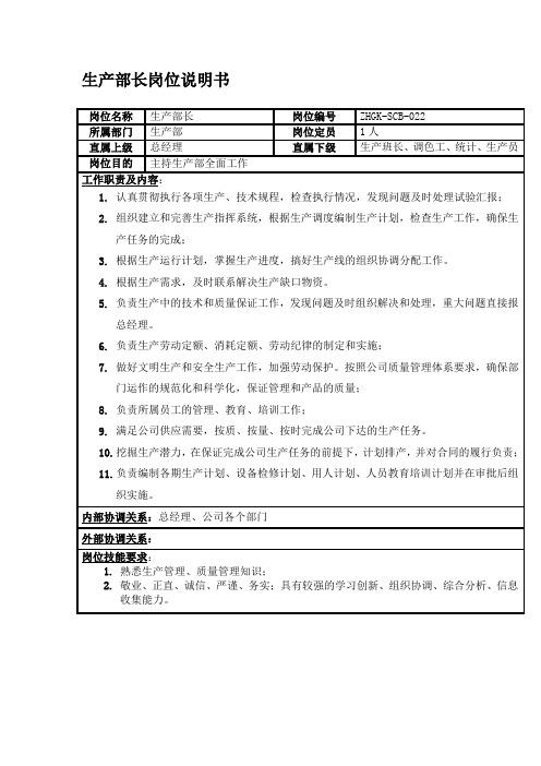 材料科技有限公司生产部长岗位说明书