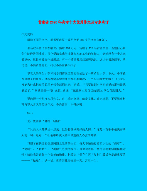 甘肃省2020年高考十大优秀作文及专家点评