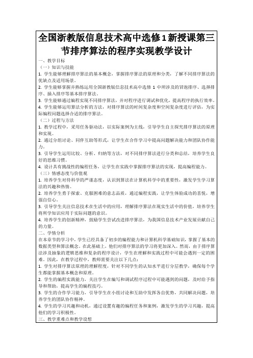 全国浙教版信息技术高中选修1新授课第三节排序算法的程序实现教学设计