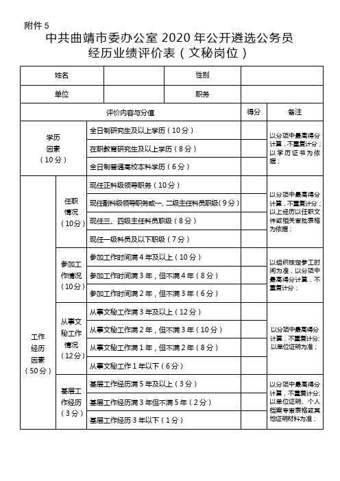 曲靖市人民政府办公室公开遴选公务员经历业绩评价表