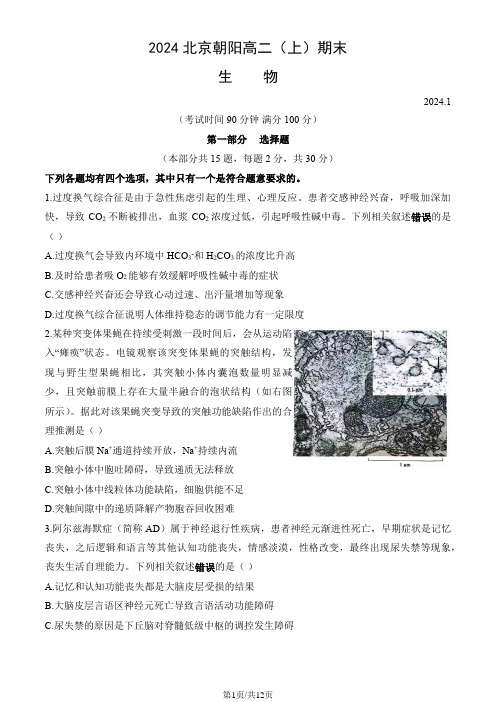 北京朝阳区2023~2024学年度第一学期高二生物期末检测试题(教师版)