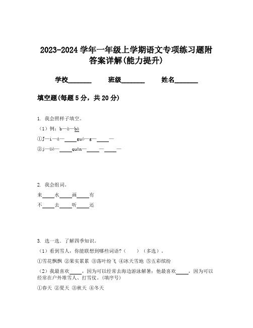 2023-2024学年一年级上学期语文专项练习题附答案详解(能力提升)