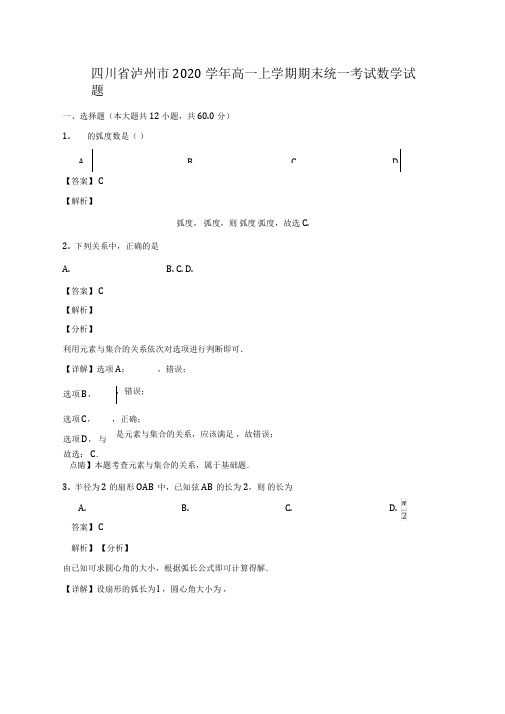 四川省泸州市2020学年高一数学上学期期末统一考试试题(含解析)