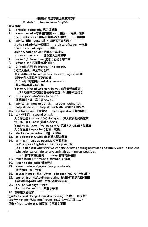 外研版八年级英语上册总复习知识点归纳简缩版