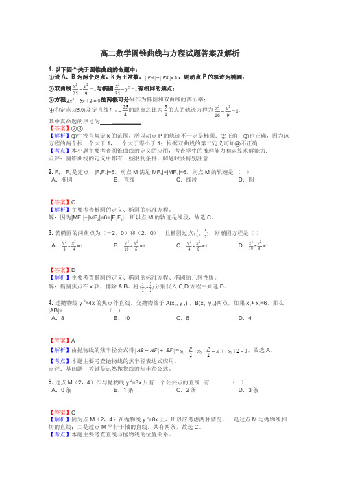 高二数学圆锥曲线与方程试题答案及解析
