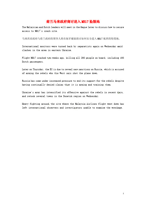7月高考英语考前突破 阅读理解能力 国际时事要闻 荷兰马来政府商讨进入MH17坠毁地(1)