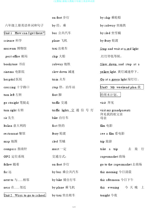 (完整版)新版人教版六年级上英语单词表