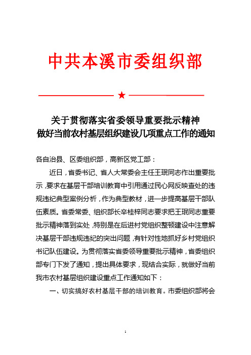 关于贯彻落实省委领导重要批示精神做好当前农村基层组织建设几项重点工作的通知