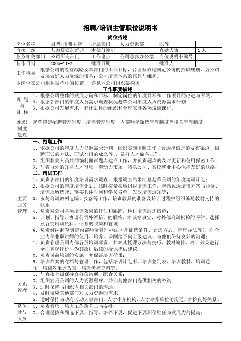 招聘培训主管职位说明书