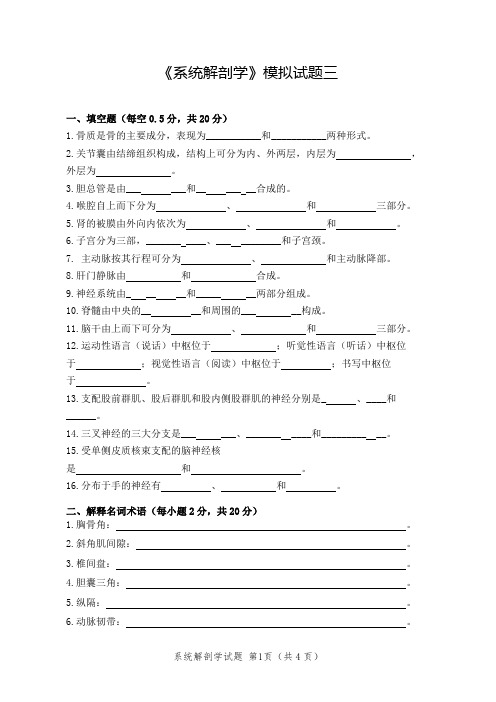 《系统解剖学》模拟试题三及答案