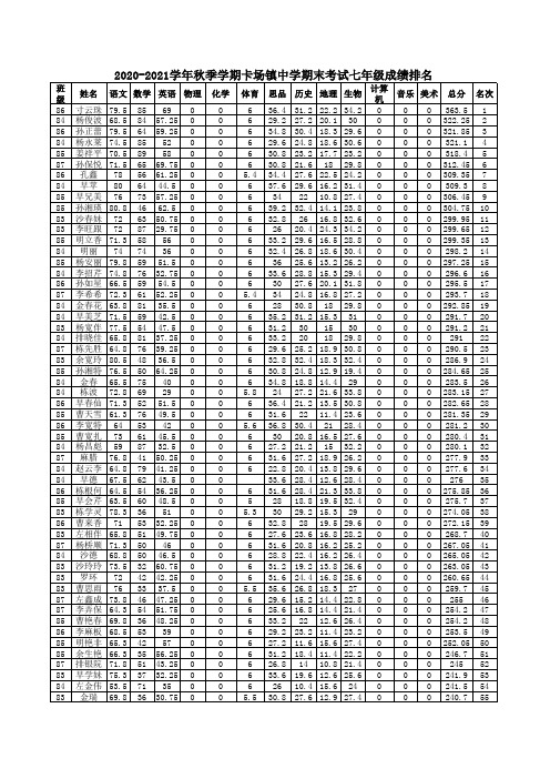 20-21学年秋季学期期末考试成绩统计表