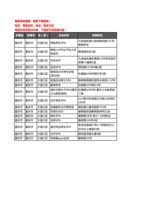 新版重庆市重庆市大渡口区SPA企业公司商家户名录单联系方式地址大全16家