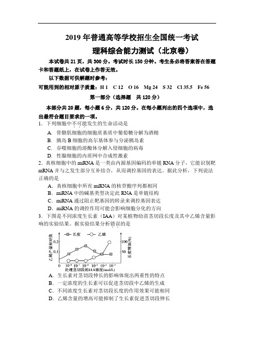 北京四中2019届理综保温训练(5月31日)含答案