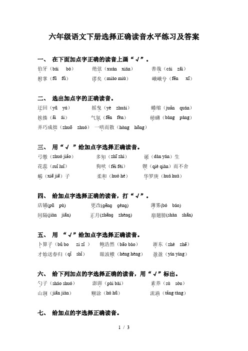 六年级语文下册选择正确读音水平练习及答案