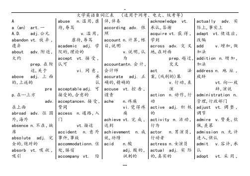 大学英语B词汇(适用于网考、电大、统考等)网络教育英语B统考复习资料