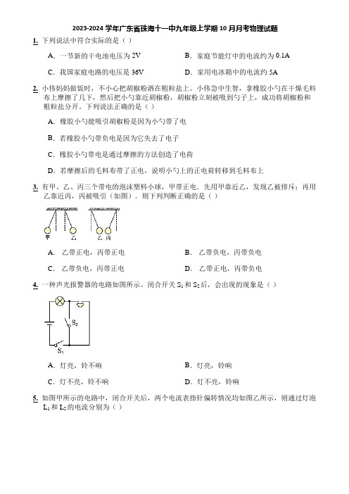 2023-2024学年广东省珠海十一中九年级上学期10月月考物理试题