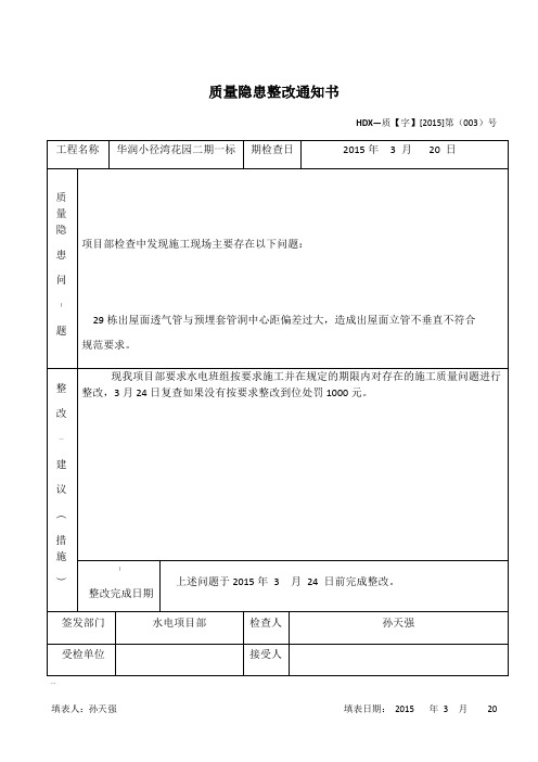 质量隐患整改通知单、回执单