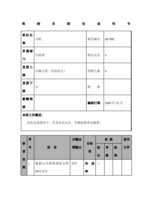 航空物流公司驾驶员职位说明书及关键绩效标准