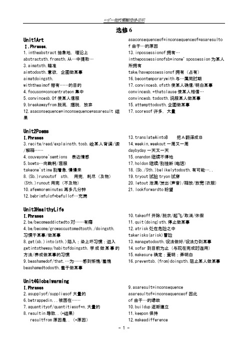 人教版英语选修6词组及重点句子总结