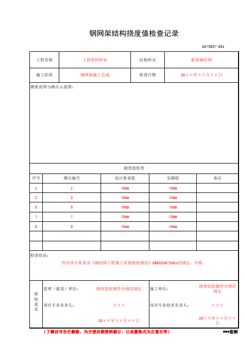 钢网架结构挠度值检查记录(工程资料第三部分第五卷)