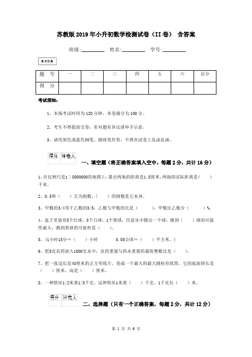 苏教版2019年小升初数学检测试卷(II卷) 含答案