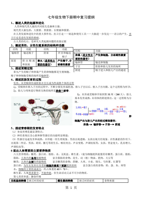 人教版生物七年级下册期中考试复习提纲-word文档资料