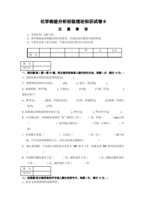 化学检验分析初级理论知识试卷B