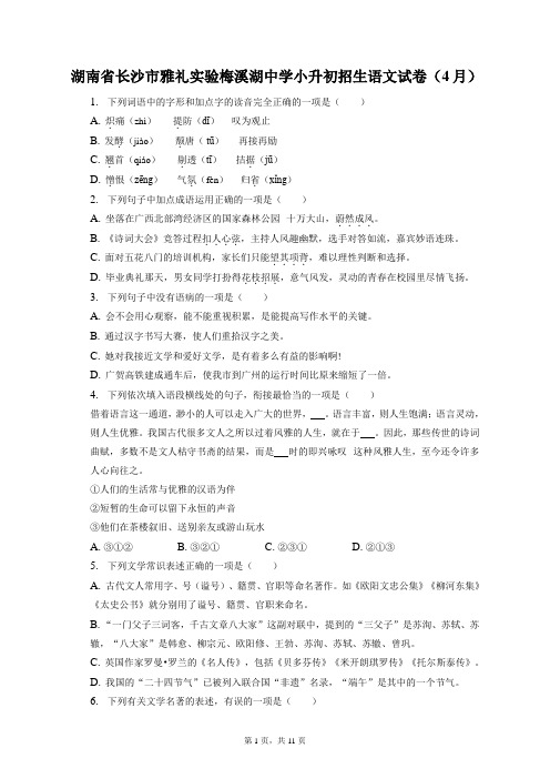 最新整理湖南省长沙市雅礼实验梅溪湖中学小升初招生语文试卷(4月)和答案解析