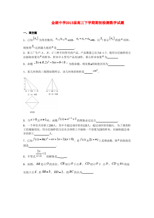 江苏省金湖县2013届高三数学下学期期初检测试题苏教版