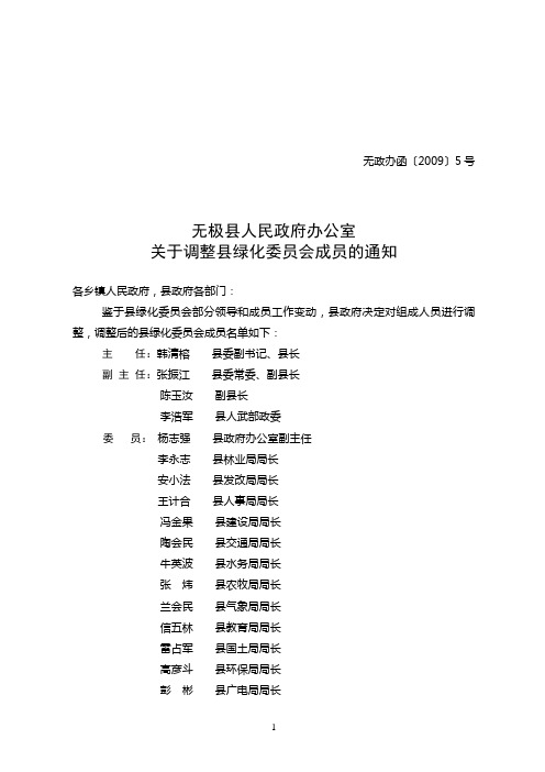 2009年关于调整县绿化委员会成员