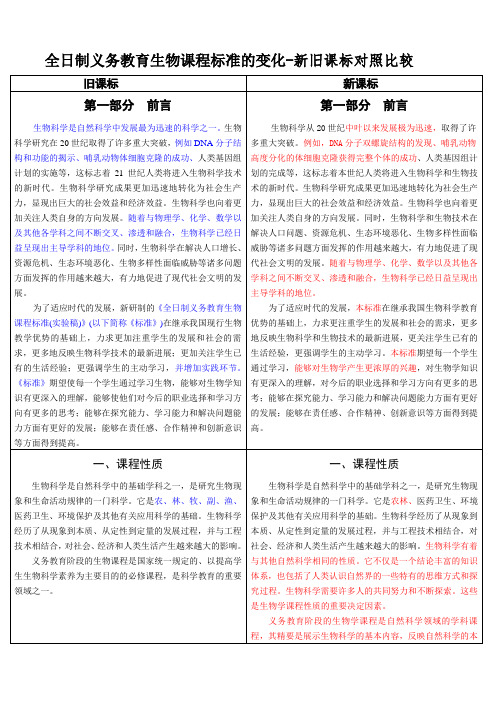 全日制义务教育生物课程标准的变化新旧课标对照比较