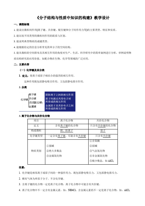 2021届高三化学一轮复习《分子结构与性质中知识的构建》教学设计