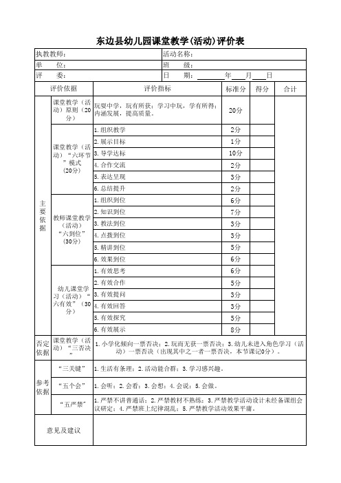 东边县幼儿园课堂教学(活动)评价表