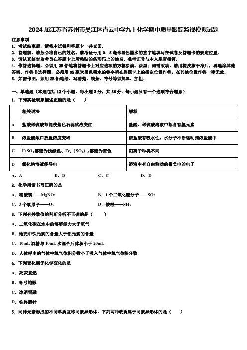 2024届江苏省苏州市吴江区青云中学九上化学期中质量跟踪监视模拟试题含解析