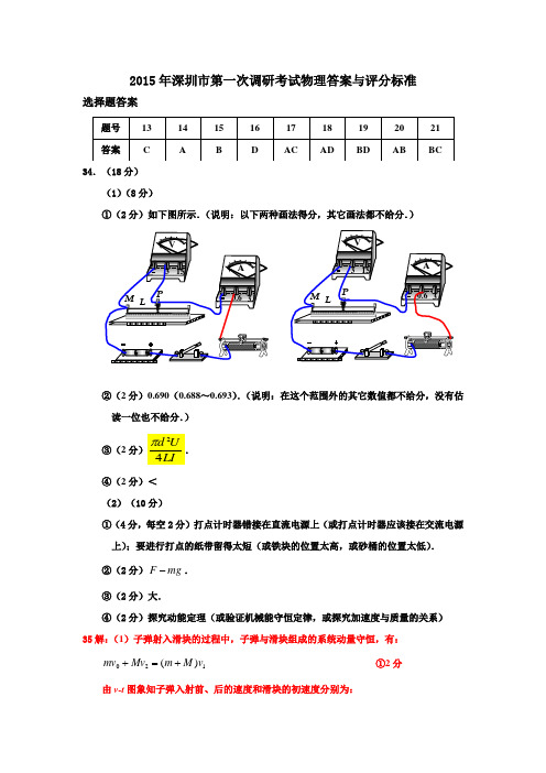 2015年深一模考试理综物理答案