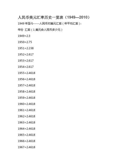 人民币美元汇率历史一览表(1949—2010)