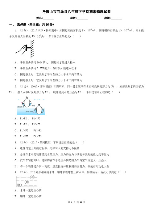 马鞍山市当涂县八年级下学期期末物理试卷  