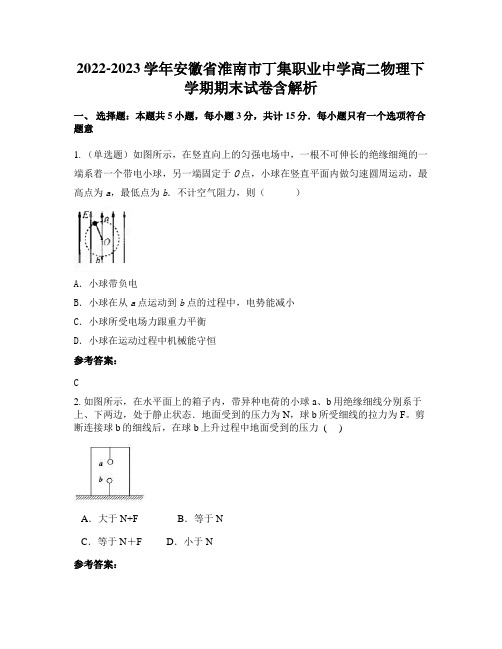 2022-2023学年安徽省淮南市丁集职业中学高二物理下学期期末试卷含解析