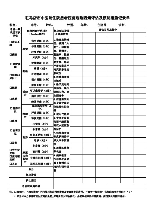 住院患者压疮危险因素修改后评估及预防措施记录单 复件