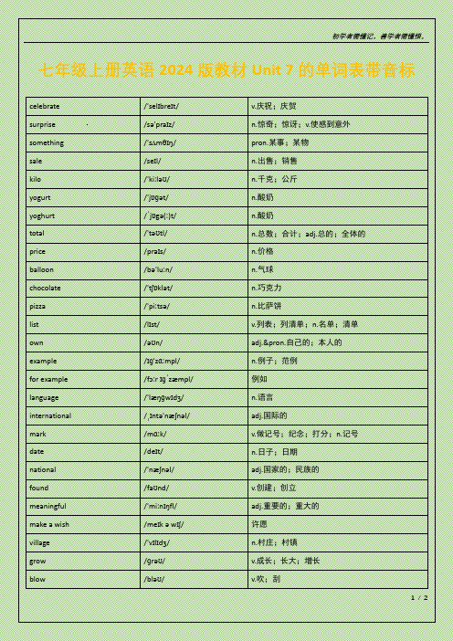 七年级上册英语2024版教材Unit 7的单词表带音标