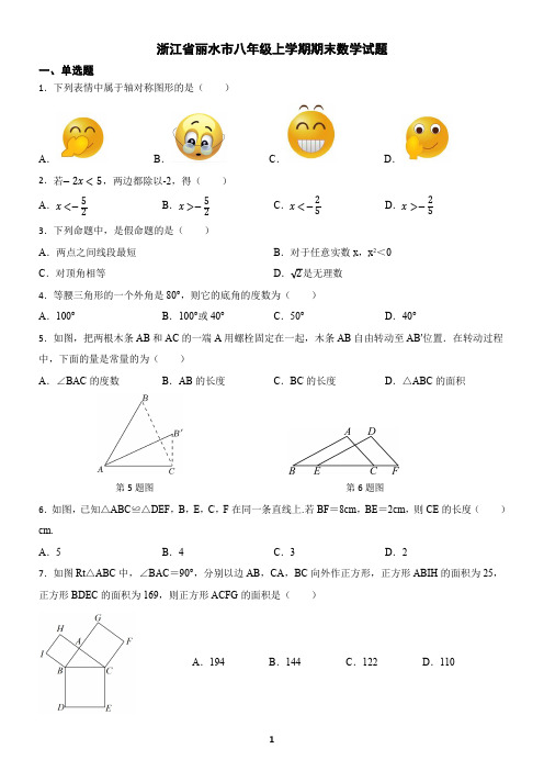 浙江省丽水市八年级上学期期末数学试题(含答案)