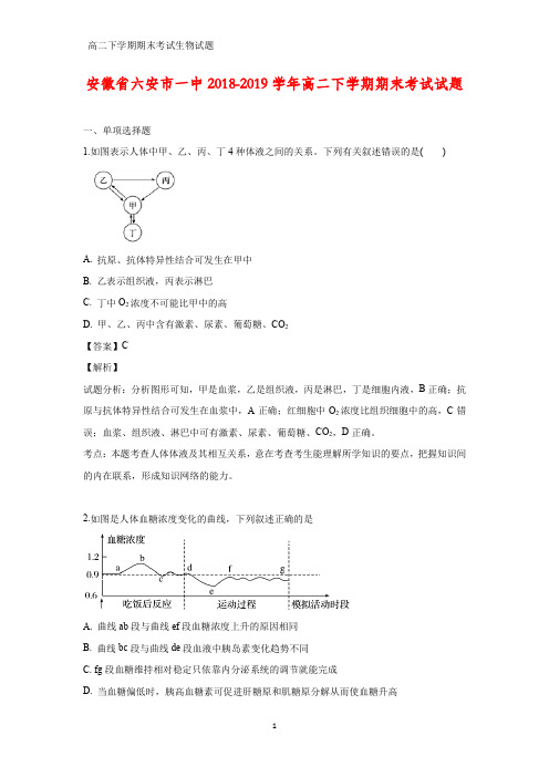 2018-2019学年安徽省六安市一中高二下学期期末考试生物试题(答案+解析)