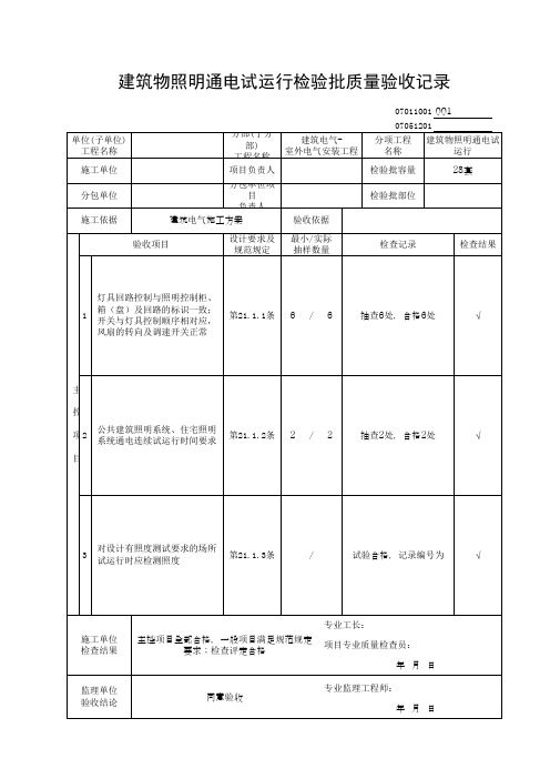 建筑物照明通电试运行检验批质量验收记录