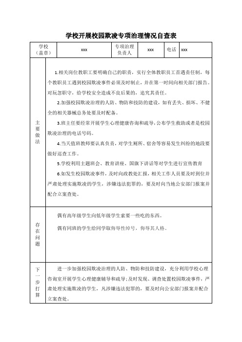 学校开展校园欺凌专项治理情况自查表