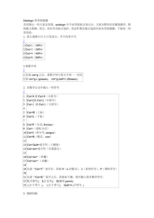 Mathtype常用快捷键